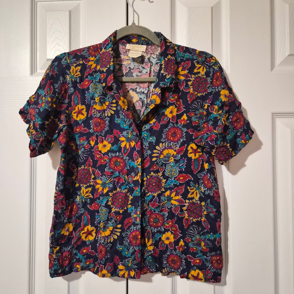 VTG  D.K. Gold Donnkenny Floral Rayon Button Up Blouse Navy‎ Multi 6P USA Boho